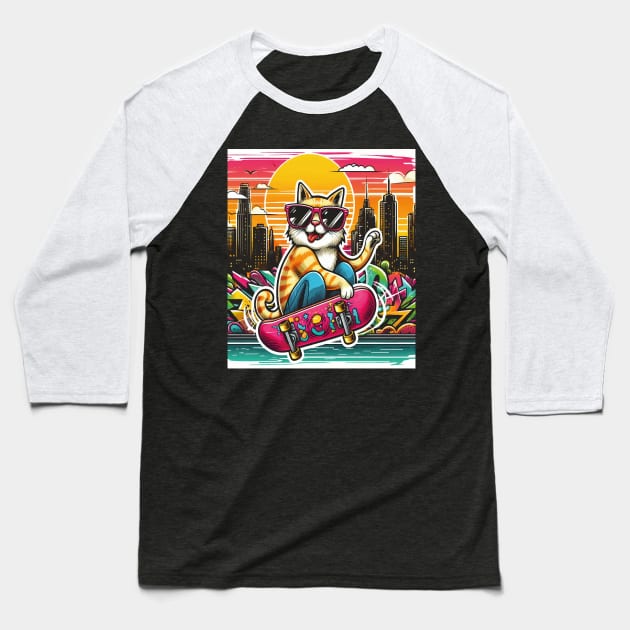 Cat wearing sunglasses and riding a skateboard Baseball T-Shirt by SARKAR3.0